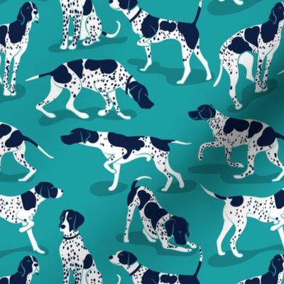 Small scale // English Pointer friends // peacock teal background oxford navy blue dog breed