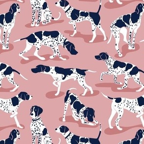 Small scale // English Pointer friends // blush pink background oxford navy blue dog breed