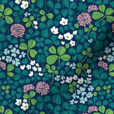 Small scale // Clover field // midnight navy blue background green leaves white and pink clover flowers
