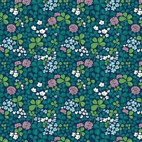 Tiny scale // Clover field // midnight navy blue background green leaves white and pink clover flowers
