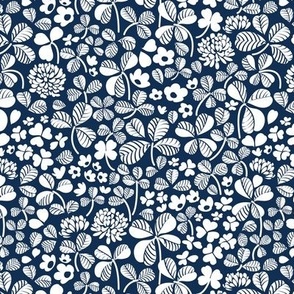 Small scale // Clover field // monochromatic midnight navy blue white clover leaves and flowers