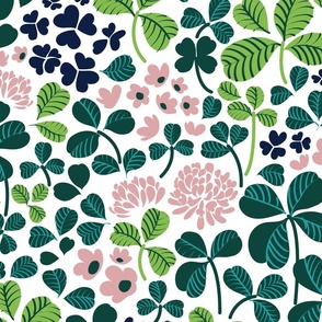 Large jumbo scale // Clover field // white background green leaves blush pink clover flowers