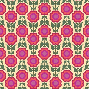 Retro Mid Century Modern Abstract Flowers - Coral Pink + Olive Green on Yellow