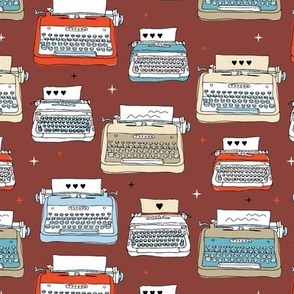 Mid-Century writer retro novelty typewriter design in fifties colors vintage palette red blue beige on burgundy cherry red 