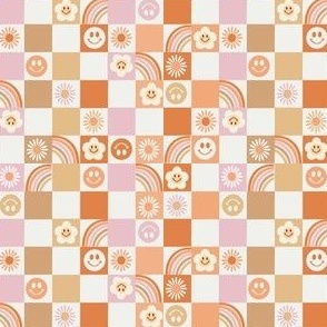 SMALL Retro Checkerboard fabric - daisy, smile, happy 