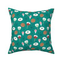 Mid-century vintage snacks apples donuts strawberries and cinnamon buns fifties bakery retro style pink mint on teal