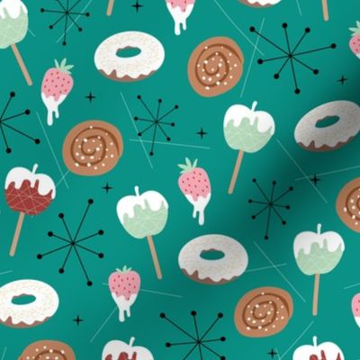 Mid-century vintage snacks apples donuts strawberries and cinnamon buns fifties bakery retro style pink mint on teal