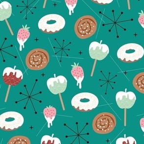 Mid-century vintage snacks apples donuts strawberries and cinnamon buns fifties bakery retro style pink mint on teal