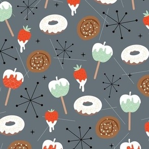 Mid-century vintage snacks apples donuts strawberries and cinnamon buns fifties bakery retro style red mint on cool gray 