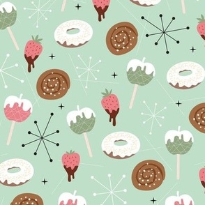 Mid-century vintage snacks apples donuts strawberries and cinnamon buns fifties bakery retro style pink green white on mint