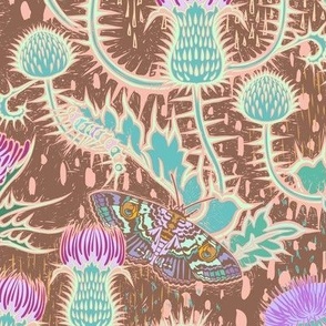 quirky lavender thistles floral on cinnamon brown