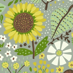 Sunflower Garden Floral - Sage- Large Scale