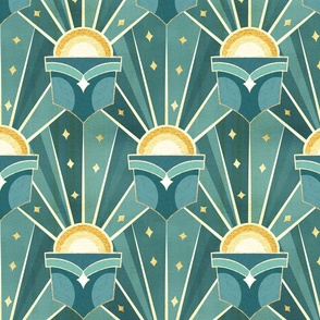 Retro Art Deco Sunshine - Teal  - Medium Scale