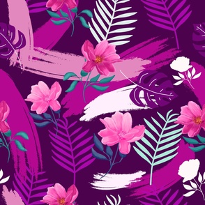 Tropical, Exotic Flowers, Palm and Monstera Leaves on the Purple Background