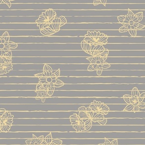 (large scale) stripes daffodils grey gold yellow seamless pattern
