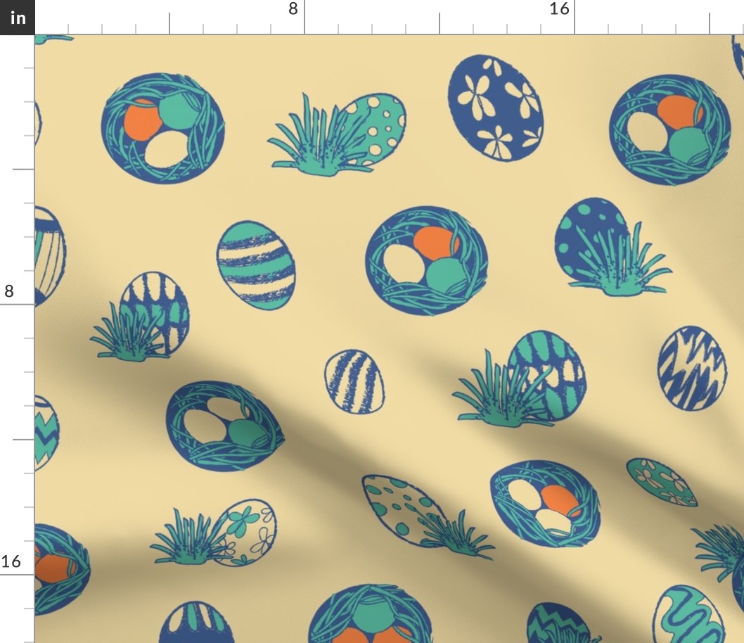 (large scale) easter eggs, nest and green grass, yellow seamless pattern