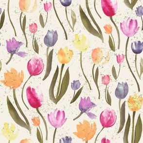 Large Tulip Garden Party Watercolor on Cream by Brittanylane