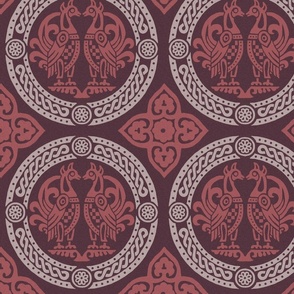 medieval birds in roundels, cranberry red