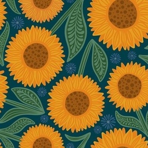 Large Sunflowers on dark turquoise 