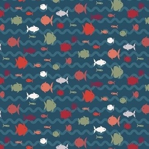 027 - Small Scale Papercut Fish in the ocean waves, red, green and teal - for wallpaper, home decor, kids bed linen and kids pjs and apparel - holiday cape cod style