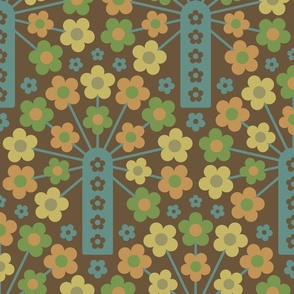 Cow Parsley Retro Seventies 1970s Floral Botanical in Vintage Earthy Brown Teal Green Citron - LARGE Scale - UnBlink Studio by Jackie Tahara