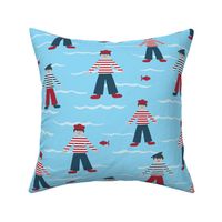 029 - Teamwork - in the Navy!  Large/jumbo scale papercut sailors in berets and Breton t-shirts amongst red fish in the waves - for home décor, wallpaper, bed linen, table linen, nursery accessories
