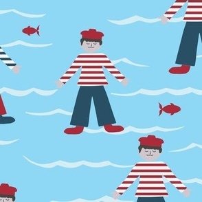 Teamwork - in the Navy!  Large/jumbo scale papercut sailors in berets and breton tshirts amongst red fish in the waves - for home decor, wallpaper, bed linen, table linen, nursery accessories