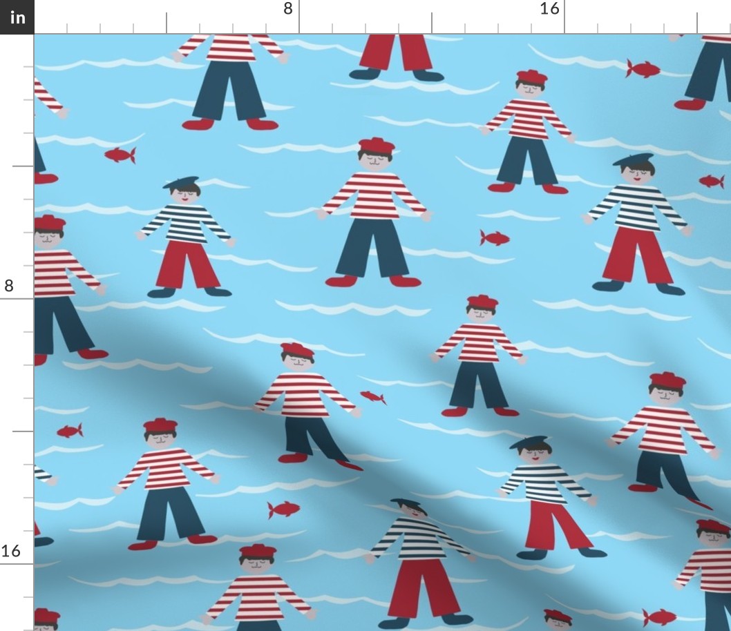 029 - Teamwork - in the Navy!  Large/jumbo scale papercut sailors in berets and Breton t-shirts amongst red fish in the waves - for home décor, wallpaper, bed linen, table linen, nursery accessories