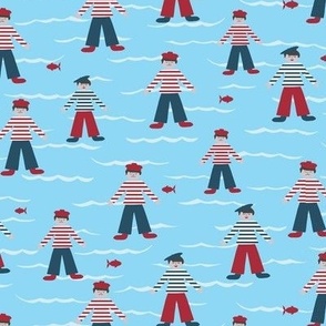 029 - Medium scale papercut sailors in berets and Breton t-shirts amongst red fish in the waves -  for kids apparel, home décor, wallpaper, bed linen, table linen, nursery accessories