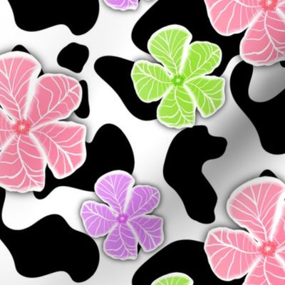 Cow print with green,  pink and purple flowers large scale