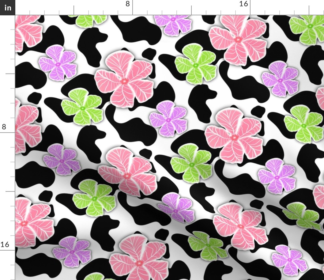 Cow print with green,  pink and purple flowers large scale