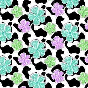 Black and white cow print with purple, teal and green flowers large scale 