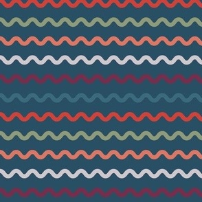 034 - Small scale deep teal ocean with red, orange and green waves, coastal style - for summer apparel, bed sheets, holiday homes, cape cod style, soft furnishings.