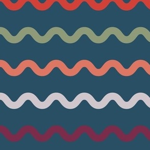 034 - Large scale deep teal ocean with red, orange and green waves, coastal style - for summer apparel, bed sheets, holiday homes, cape cod style, soft furnishings.