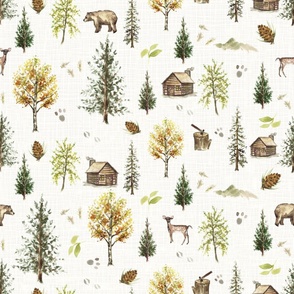 Mountain Cabin on Off-White Ivory Weave - Large Scale, Deer, Bear, Pine Trees