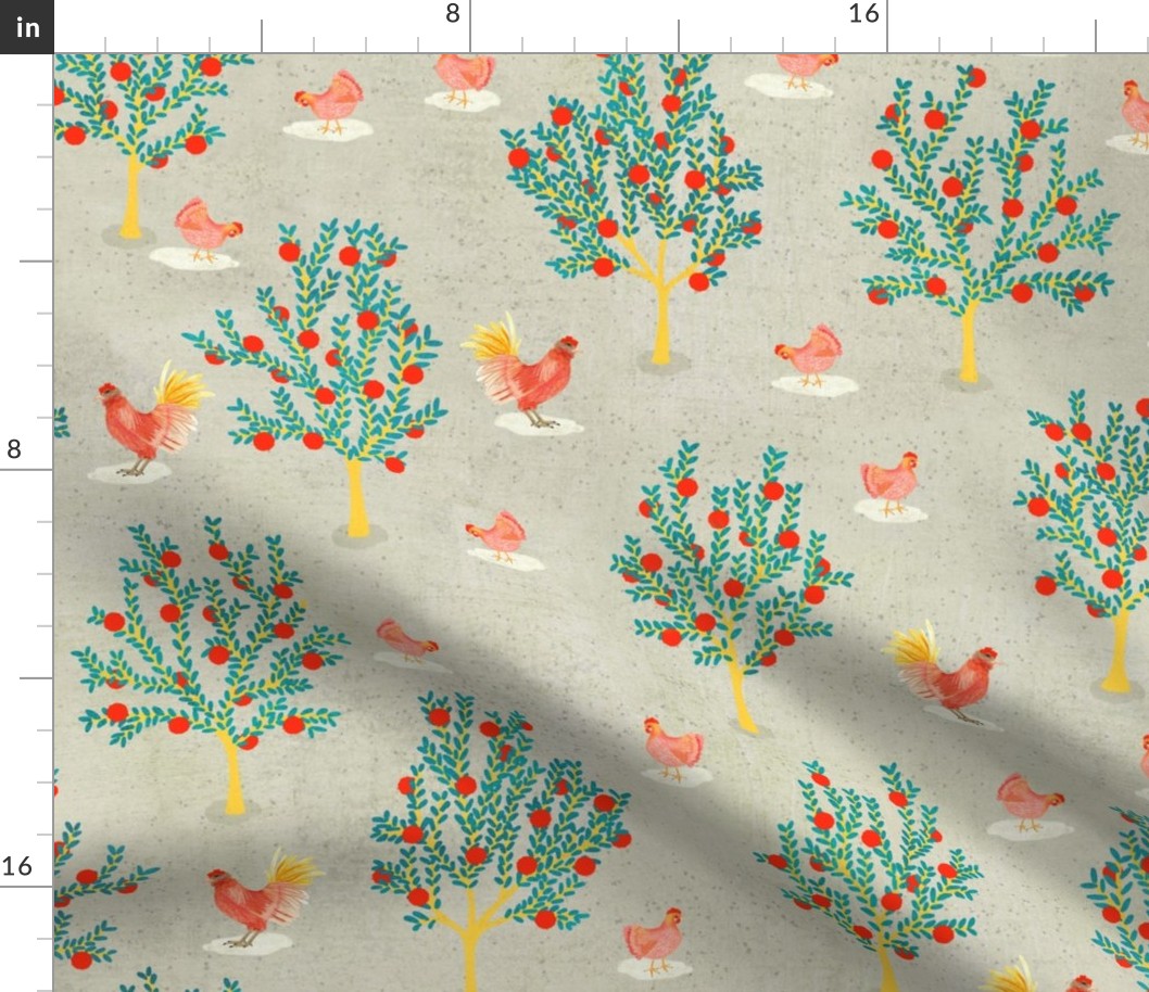 Apple trees and Chickens - grey {large}