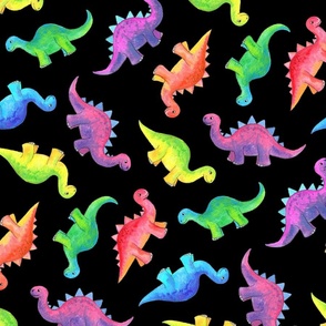 Custom Scale Bright Colorful Hand Painted Gouache Dinos on Black - between medium and large