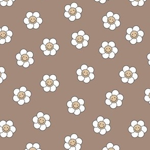 Smiley daisies sweet vintage style cute happy day floral print for summer girls white on latte brown seventies palette 