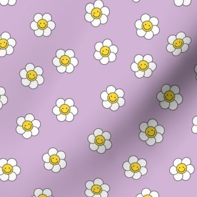 Smiley daisies sweet vintage style cute happy day floral print for summer girls white on lilac yellow neon palette