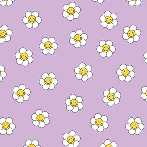 Smiley daisies sweet vintage style cute happy day floral print for summer girls white on lilac yellow neon palette