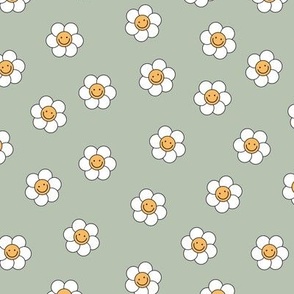 Smiley daisies sweet vintage style cute happy day floral print for summer girls white on sage green