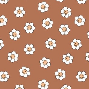 Smiley daisies sweet vintage style cute happy day floral print for summer girls white on sienna burnt orange