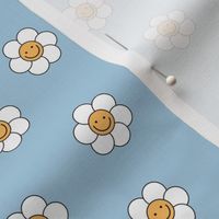 Smiley daisies sweet vintage style cute happy day floral print for summerneutral white yellow on baby blue