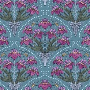 Art Nouveau Purple Lilies on blue 