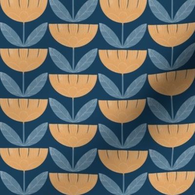 Retro geometric yellow cup flower in blue for bags
