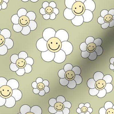 Smiley daisies sweet vintage style cute happy day floral print for summer boho vibes yellow on sage