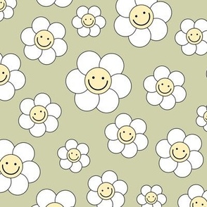 Smiley daisies sweet vintage style cute happy day floral print for summer boho vibes yellow on sage