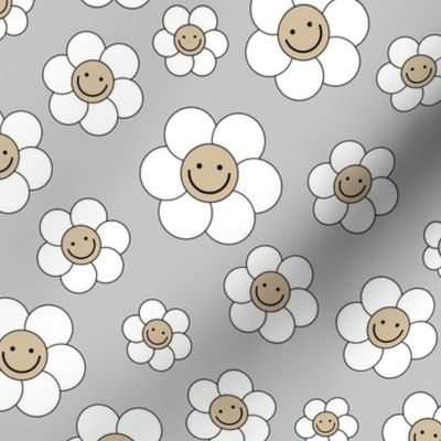 Smiley daisies sweet vintage style cute happy day floral print for summer boho vibes latte beige white on gray 