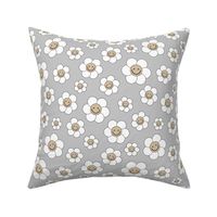 Smiley daisies sweet vintage style cute happy day floral print for summer boho vibes latte beige white on gray 
