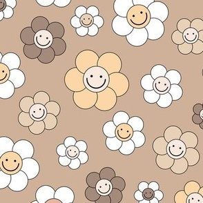 Smiley daisies sweet vintage style cute happy day floral print for summer boho vibes beige white sand on latte brown seventies palette